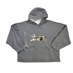 Vintage 1999 Looney Tunes Hoodie Warner Bros Bugs Bunny Daffy Taz Gray Embroider